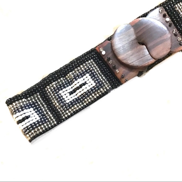Vintage Accessories - 🎁Vintage Black White and Silver Beaded Wood Belt Vintage Accessories - 🎁Vintage Black White and Silver Beaded Wood Belt